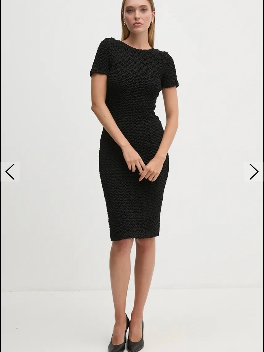 DKNYC Black Textured Short-Sleeve Midi Sheath Dress